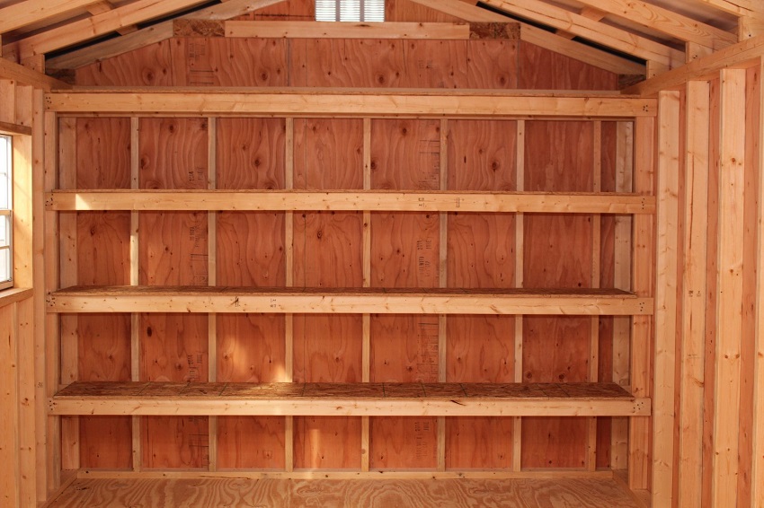 wooden shelves in shed